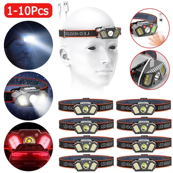 1-10 бр XPE + led главоболие фенерче Smart Wave Induction USB, къмпинг налобные фенери, Акумулаторна батерия, водоустойчива, със свободно въртене на 90 градуса