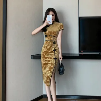 1 бр./лот, женствена рокля-молив Рокли, къс ръкав, яка-часова, вельветовое рокля в китайски стил,