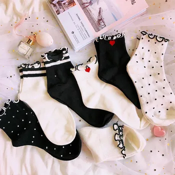 1 Чифт женски чорапи от памук за сладки сърце, модерни ежедневни бели ивици, зима-пролет, къдри, японски модел Harajuku Kawaii за момичета