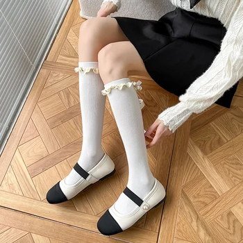 1 чифт женски чорапи с волани и набори, черни, бели, модни чорапи, с хубави цветя, летни обикновена памучни чорапи, бандажные чорапи за телета