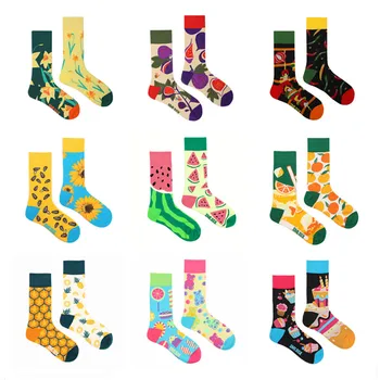 1 Чифт мъжки И женски чорапи, оригинални чорапи AB приливи и отливи, многоцветни чорапи със средна височина, Цветя, Плодове, Бонбони, Торта, памучни чорапи, Унисекс