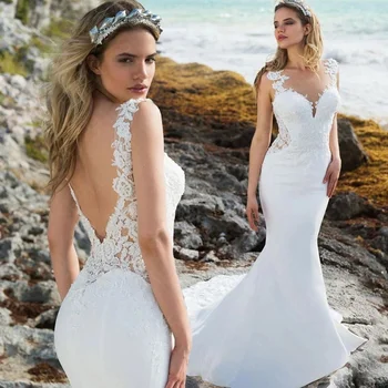 2022 Класическа сватбена рокля с отворен гръб и кръгло деколте, атласное дантелено рокля с апликации, Русалка, елегантна булчинска рокля Vestito Da Sposa