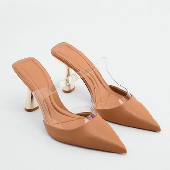 2022 Нови летни дамски чехли, дамски обувки на висок тънък ток от изкуствена кожа с остри пръсти, женски обикновена прозрачна пикантни вечерни обувки