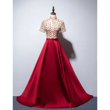 2022 Тънката червена Сватбена рокля, за наздравици с висока яка Голям размер, сватбена рокля, за да си официална вечеря, вечерна рокля, Вечерни рокли за жени