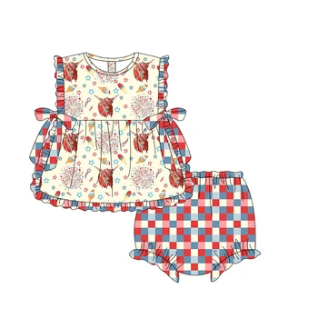 2023 Бутиков костюм с волани, летен комплект дрехи за новородени момичета, шорти в клетка с принтом сладолед 