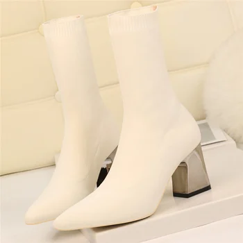 2023 Дамски еластични обувки на висок ток 7 см, фетиш-ботильоны с бели пръсти, за стриптийз, нисък блок ток, топла плюшен есенно-зимни обувки