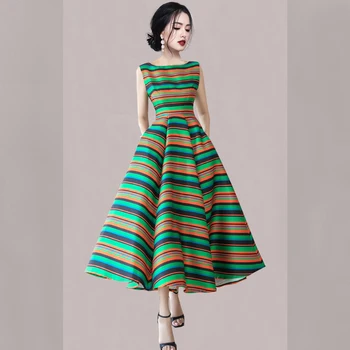 2023, лятна рокля в корейски стил, без ръкави с големи размахами, за разлика рокля в цветна ивица с завинченной талия, ретро рокля за жените