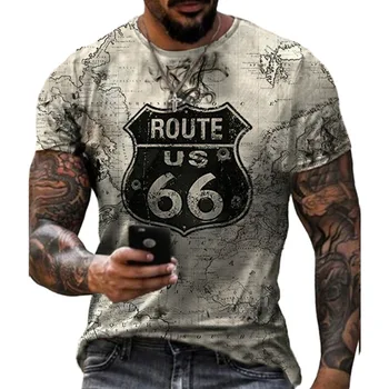 2023 Модни реколта мъжки тениски с 3D-принтом, летни дрехи Унисекс с надпис US Route 66, ежедневни градинска свободна тениска с кръгла яка
