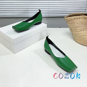 2023, ретро-зелени обикновена балет апартаменти на равна подметка с квадратни пръсти, дамски ежедневни обувки от естествена кожа върху плоска подметка, благородна лятна дамски обувки