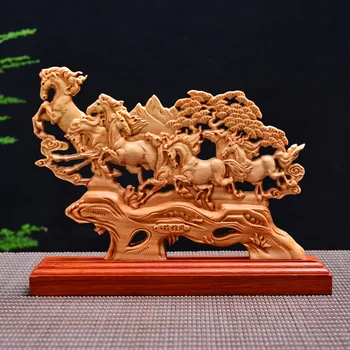 23 см Кипарис дървена Статуя на Осем Коня Дървени Фигурки на животни Начало Декор, Подаръци, Аксесоари Декори