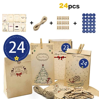 24 бр./компл. Коледен подарък, чанта за съхранение от крафт-хартия, вечерни висящи декоративни чанти за бонбони