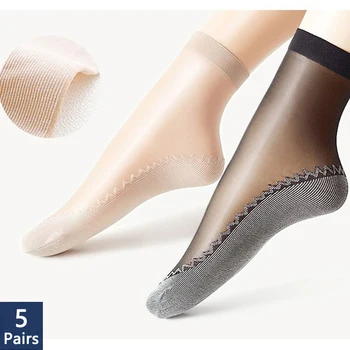 5 двойки женски меки чорапи, пролет-лято, кадифе нескользящие долните splice, прозрачни Дамски копринени Чорапи, ултра-дишащи стелки