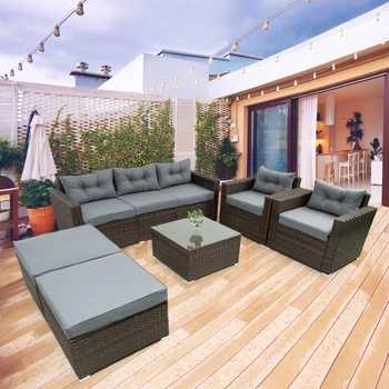 6 елементи на градинска мебел от ратан за вътрешен двор, комплект мека мебел за разговори с подвижни възглавници и плот от закалено стъкло
