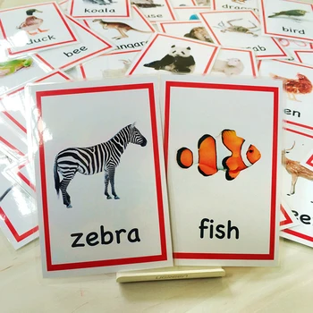 72шт Животни Децата на Английски думи Монтесори Джобни флаш-карти за Игра за началото на обучението Забавни играчки Образователен инструмент учител