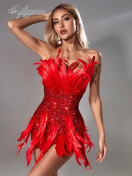 Ailigou 2023 Женствена мини рокля без презрамки с лъскави пайети, украшенное пера, секси вечерна рокля за парти на знаменитости