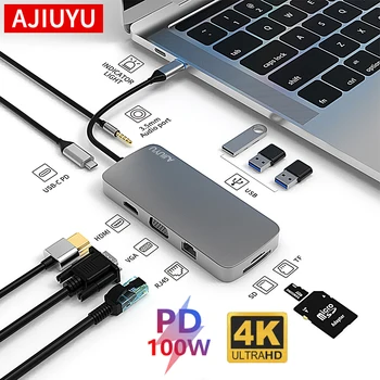 AJIUYU C USB ХЪБ Type C е съвместим с HDMI, многофункционално зарядно устройство за четене на карти SD/TF RJ-45 PD USB3.0 hub-адаптер за iPad