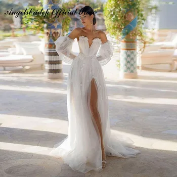 Angelsbridep Скромни апликация Сватбени рокли на Русалка с V-образно деколте и подвижни ръкави с намаляване на арабските Жени, Елегантни рокли Булката Vestidos
