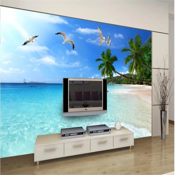 beibehang papel de parede, тапети по поръчка, 3D плажен пейзаж, телевизор, диван, фон, шаблон за дизайн стени