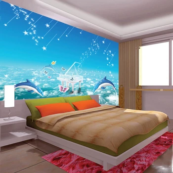 beibehang Големи 3D стенописи нетъкан тапет детска спалня ТЕЛЕВИЗИЯ, на стената в спалнята безшевни картинки с делфини