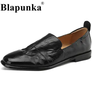 Blapunka/ женски лоферы в Ретро стил от естествена телешка кожа, пролетно-есенна обувки на равна подметка, без закопчалка, Дамски Ежедневни Лоферы на равна подметка за почивка, Реколта 40