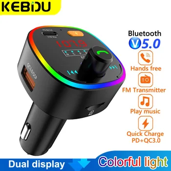 Bluetooth 5,0 FM-Предавател, Аудиоприемник с Двоен дисплей PD 18 W QC3.0 Бързо Зареждане на Безжични Хендсфри Комплект за Кола FM Модулатор BF