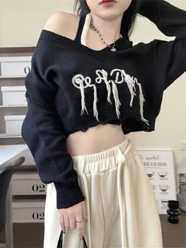 Deeptown Корейски модерен пуловер Оверсайз, женски ретро вязаный съкратен пуловер, Комплект от две части, луксозни плетени блузи Y2K Aesthetic