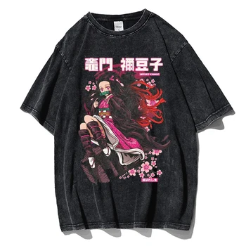 Demon Slayer Измити Тениски Kimetsu No Yaiba Аниме Тениска Реколта от 100% памук С Къс ръкав за Мъже Женска Риза в стил Хип-Хоп Градинска Облекло