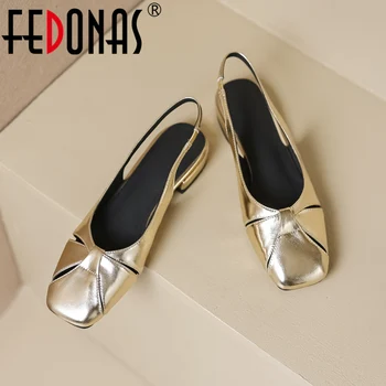 FEDONAS/ лаконичен дамски сандали на нисък ток от естествена кожа, обувки-лодка с квадратни пръсти, базова офис работна отворена обувки, дамски обувки за пролет-лято