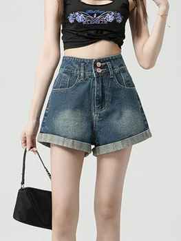 FTLZZ/ нови летни дамски реколта ежедневни дънкови къси панталони с висока талия, дамски модни дънкови къси панталони с широки штанинами копчета, директни дънкови шорти