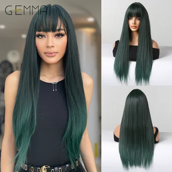 GEMMA Ombre, тъмно-зелени перуки за жени, cosplay-парти, Перука от дълги прави синтетична коса с бретон от естествени влакна, устойчиви на висока температура