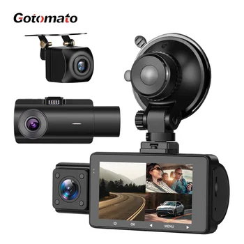 Gotomato 3-Канален 1080P Автомобилен Видеорекордер 170 Градуса с Двоен Обектив Dash Cam Камера за Задно виждане с IR за Нощно Виждане HDR 3-Обективна Камера