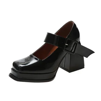 HUAXI/Пролетно-лятна Нова стилни дамски обувки на висок квадратен ток в ретро стил с копчета в една дума, водоустойчиви дамски обувки на дебелото платформа