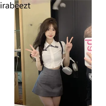 Irabeezt/ Модерен комплект прагове с отворотами, Приталенная Риза и блуза за момичета, Върхове, мини поли трапецовидна форма, Чисто Комплекти от две части в корейски стил
