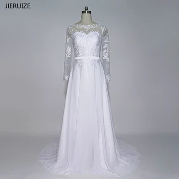 JIERUIZE, реколта Бели дантелени апликации, сватбени рокли с дълъг ръкав, прозрачни копчета отзад, евтини сватбени рокли, vestido de noiva