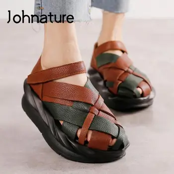 Johnature, обувки от естествена кожа в стил ретро, дамски сандали, кука и контур, многоцветни, новост 2022 година, пролет-лято лаконичен сандали на платформа