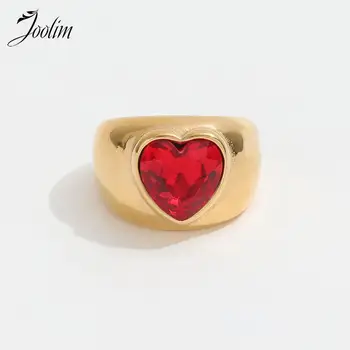 Joolim Бижута от висок клас PVD, не выцветающий тенденция, гладко романтично ярко-Червен пръстен с циркониевым сърце от неръждаема стомана за жени