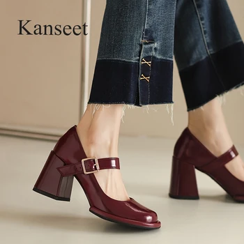 Kanseet/обувки-лодка; колекция 2023 г.; сезон пролет-есен; дамски обувки с кръгло бомбе от естествена кожа, елегантни ръчно изработени обувки на висок ток с тока и каишка; цвят на червено вино