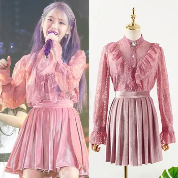 kpop IU Lee Ji юн нападки концерта, есенни модни розови дантелени ризи с дълъг ръкав, потници + секси кадифе мини-пола, дамски комплект от две части
