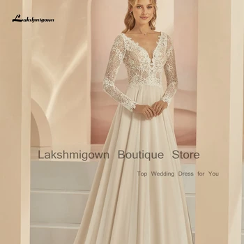 Lakshmigown Винтажное дантелено сватбена рокля в стил бохо с дълъг ръкав 2023, V-образно деколте, граждански сватбени рокли за младоженци, плажни сватбени рокли трапецовидна форма, Robe De Mariee