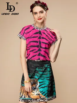 LD LINDA DELLA 2023 Лятна подиумная реколта пола от тигрова кожи, леопардовый костюм, дамски пуловер с къс ръкав, отгоре и поли, комплект от 2 теми