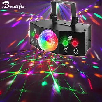 Led дискотечный лампа Въртящи Магически топка 4 лазерен лъч Звуково осветление на партита, Караоке нощен клуб Сватба Професионален DMX DJ с проектор