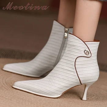 Meotina/ женски ботильоны от естествена кожа с остри пръсти на високи токчета, дамски ботуши с цип в необичаен стил, модерен есенно-зимни обувки