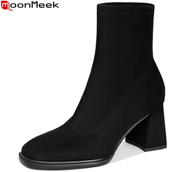 MoonMeek 2022, нови елегантни дамски зимни обувки от еластична тъкан, ботильоны на дебелите високи токчета, женските модела обувки