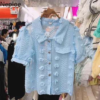 Neploe Шик Дамски Ризи 3D Цветни Прозрачни Блузи Темпераментни Тънки Блузи Шифоновая Блуза OL Blusas Mujer De Moda 2021 Verano