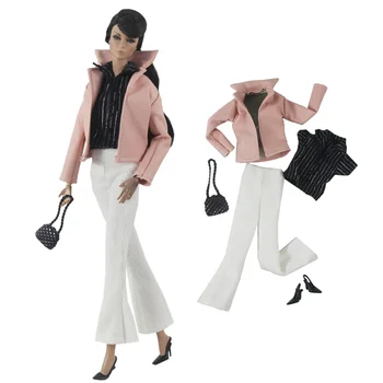 NK 5 теми = Розовото палто + Топ + Панталони + Чанта + Обувки за кукли Барби, Дамски кожени облекла, аксесоари за кукли 1/6 ST FR