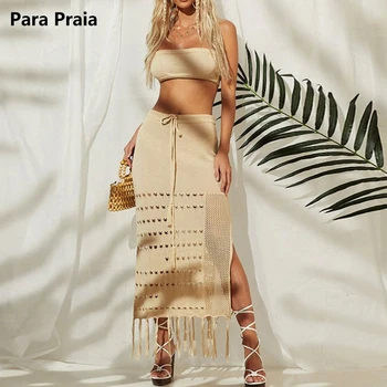 Para Praia, плажна рокля-двойка, вязаное на една кука с дълги пискюли, 2023, бански костюми, секси отворена Макси пола, секси бикини, плажно Облекло