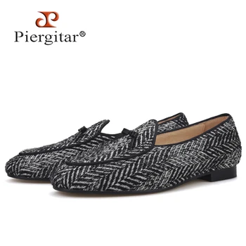 Piergitar / сиво-черни мъжки лоферы ръчно изработени от плат, плетиво с кожена вратовръзка, класически мъжки чехли за пушачи, по-големи размери