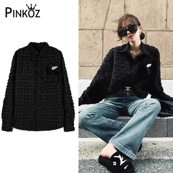 Pinkoz жени дизайнер черно каре пискюл свободни къси High street, casual, отложной яка пролет есен риза върховете реколта ядрото