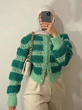 PUWD, женски Модерен вязаный жилетка в зелена ивица, пуловер, Пролет 2023, реколта дамски връхни дрехи копчета и дълъг ръкав, шик върховете