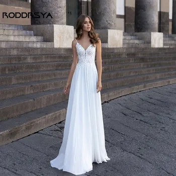 RODDRSYA Нежно Сватбена рокля трапецовидна форма 2023, плажна, с V-образно деколте, без облегалката, в спагети презрамки, Дантелени шифоновые сватбени рокли по поръчка